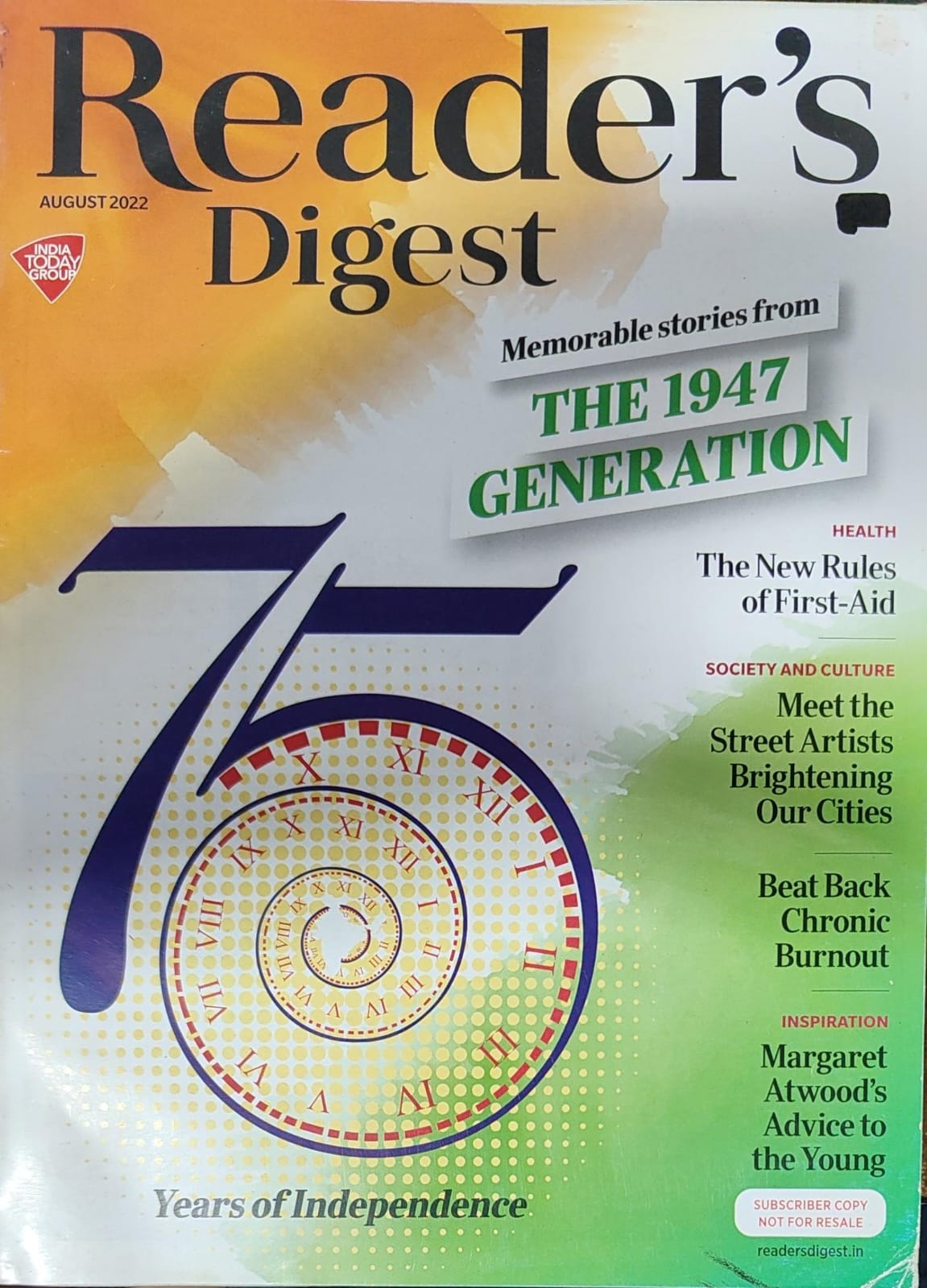 Reader's Digest India August 2022- Memorable stories from The 1947 Generation [rare books]
